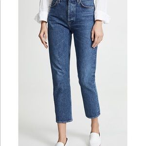 Riley, high rise, cropped, straight leg jean.